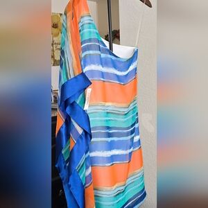 Striped Satin-Like Kaftan Tunic in Orange, Teal & Blue NWT